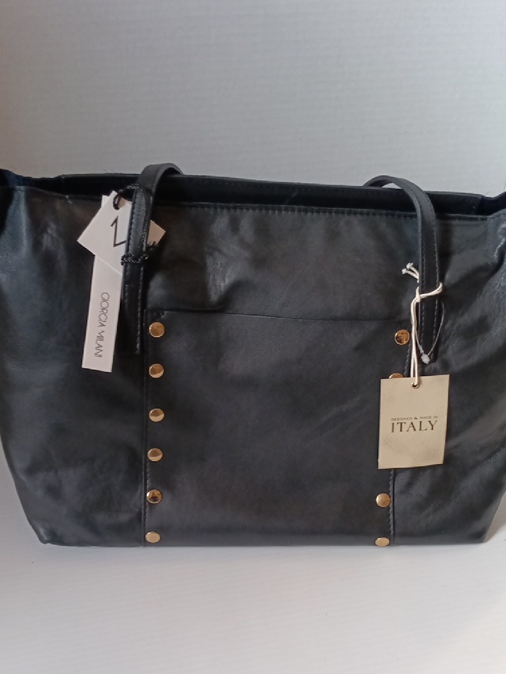 Black Leather Tote Bag with Gold Studs
